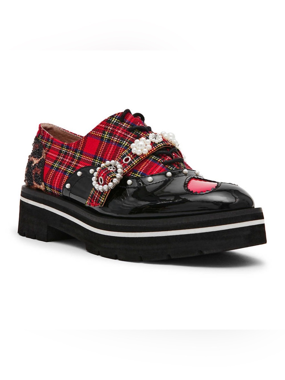 Betsey Johnson Simonee Red Plaid Pearl-Embellished Platform Oxfords